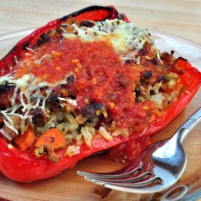 plated turkey and pesto stuffed peppers