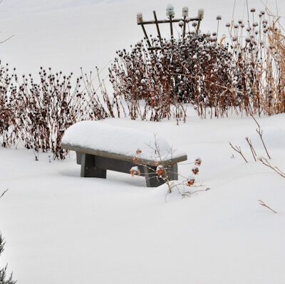 snow covered stone bench