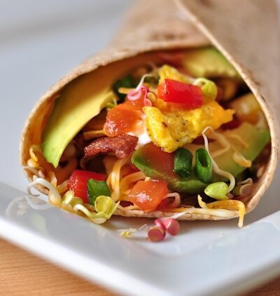 close up of omelet breakfast burrito