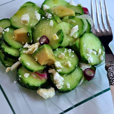 Find the recipe for this Delicious plate of Cucumber Avocado Salad with Feta on The Creekside Cook