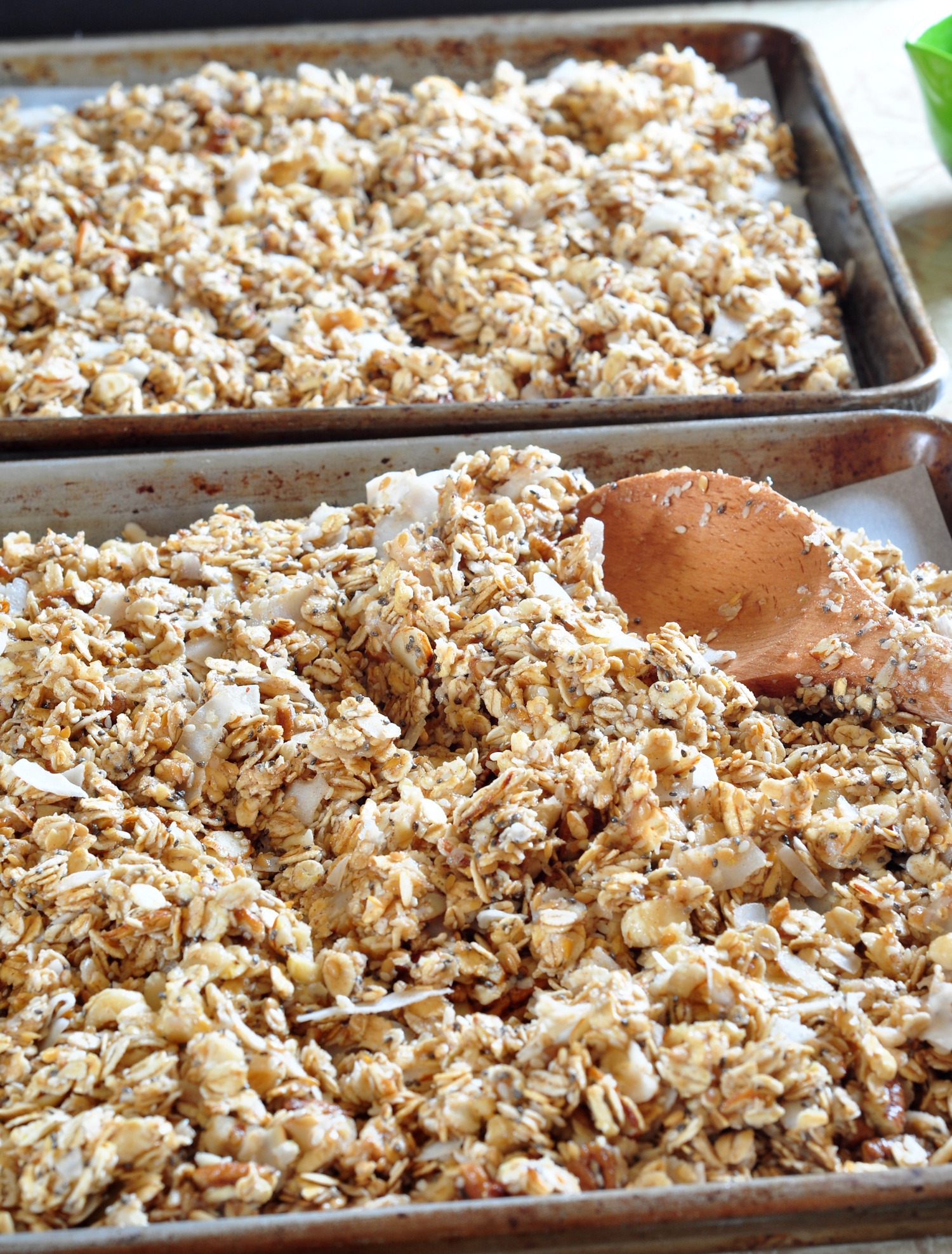 granola on baking sheets