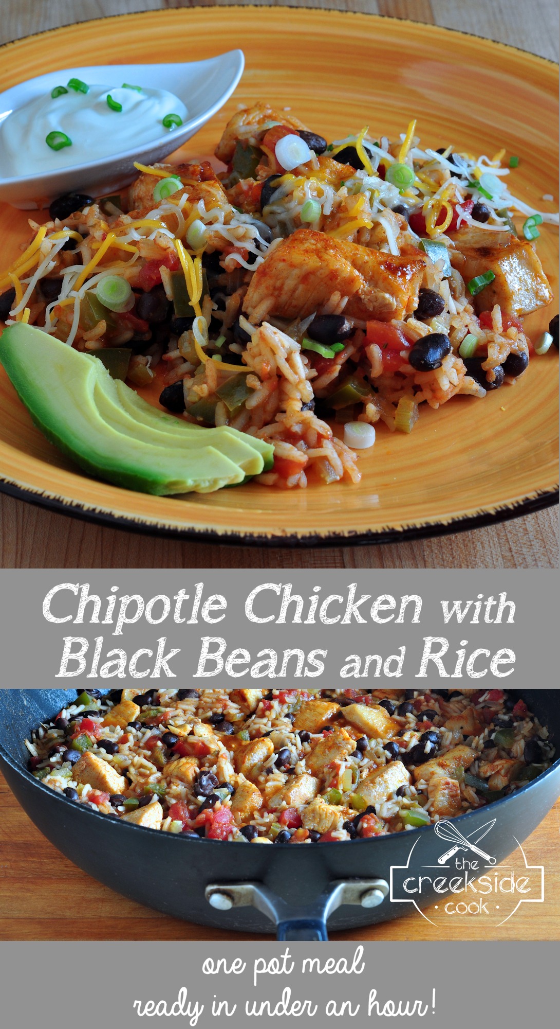 pinterest pin for Chipotle Chicken with black beans and rice on The Creekside Cook