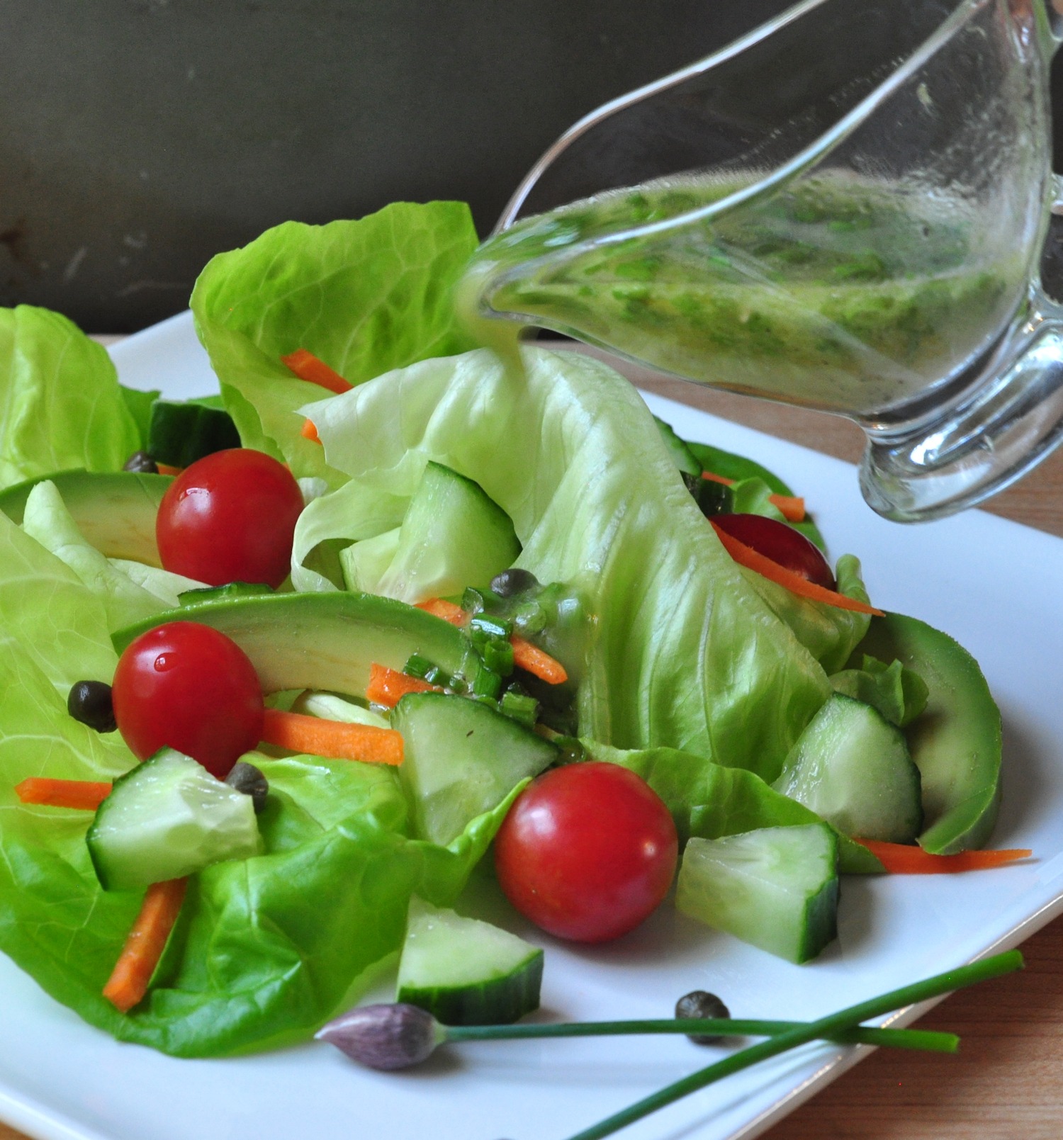 chive lemon vinaigrette on a butter lettuce salad