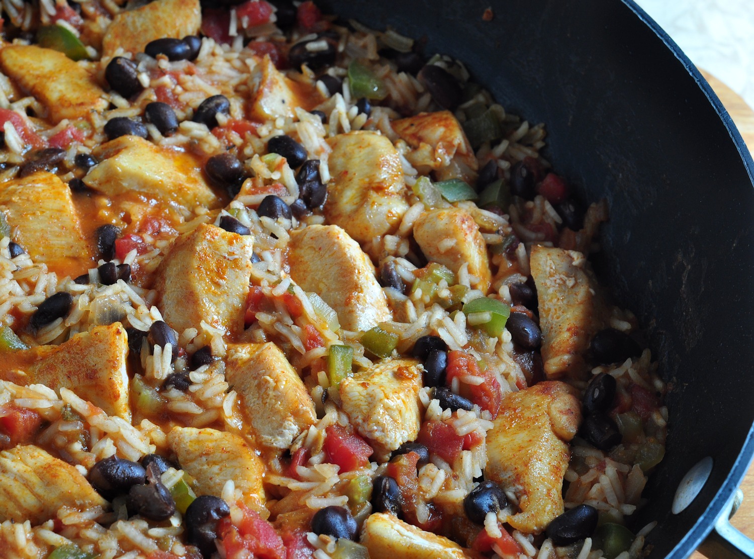 pan of chipotle chicken with black beans and rice
