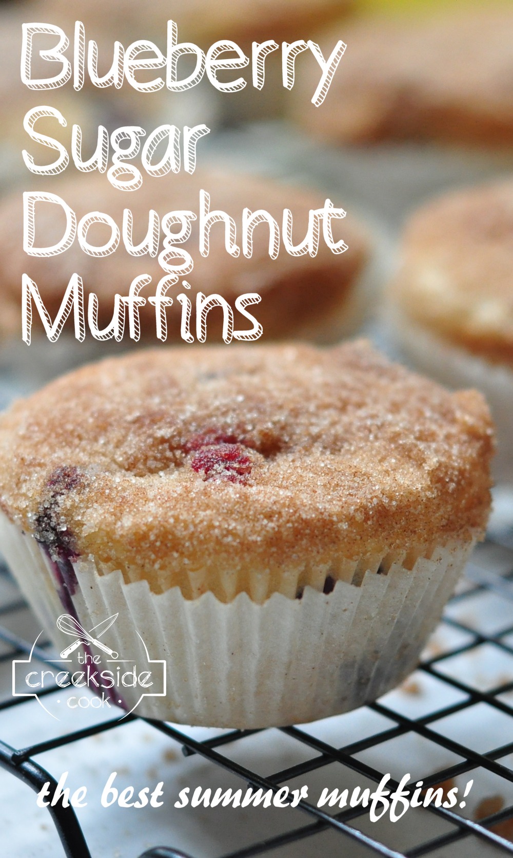 Pinterest pin for Blueberry Sugar Doughnut muffins on The Creekside Cook