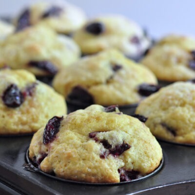 pan of fresh cherry muffins