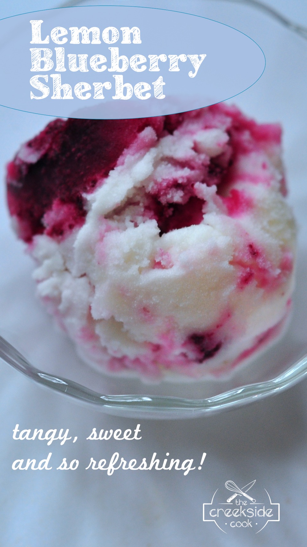 Pinterest pin for the recipe for Lemon Blueberry Sherbet on The Creekside Cook