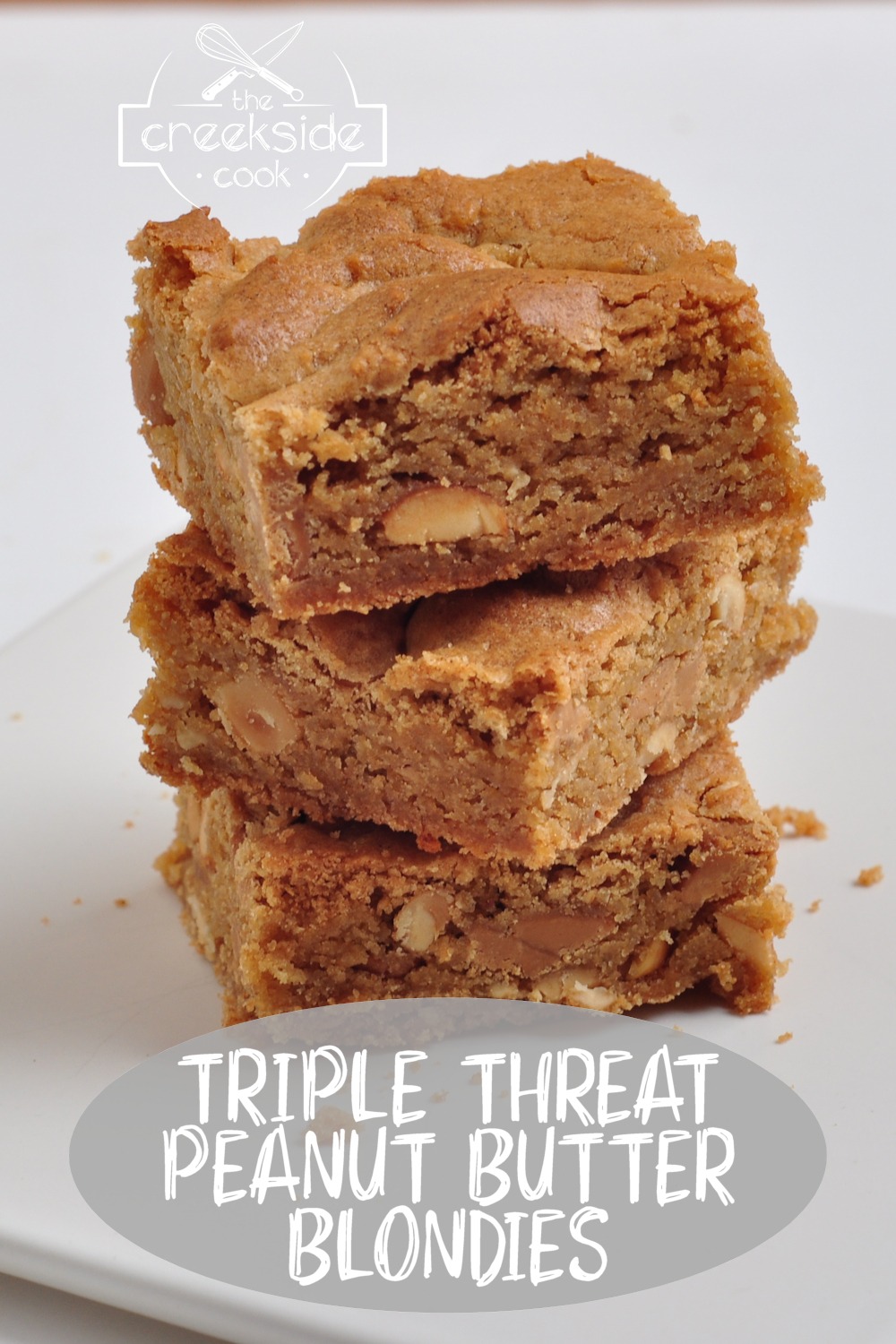 pinterest pin for triple threat peanut butter blondies on the creekside cook